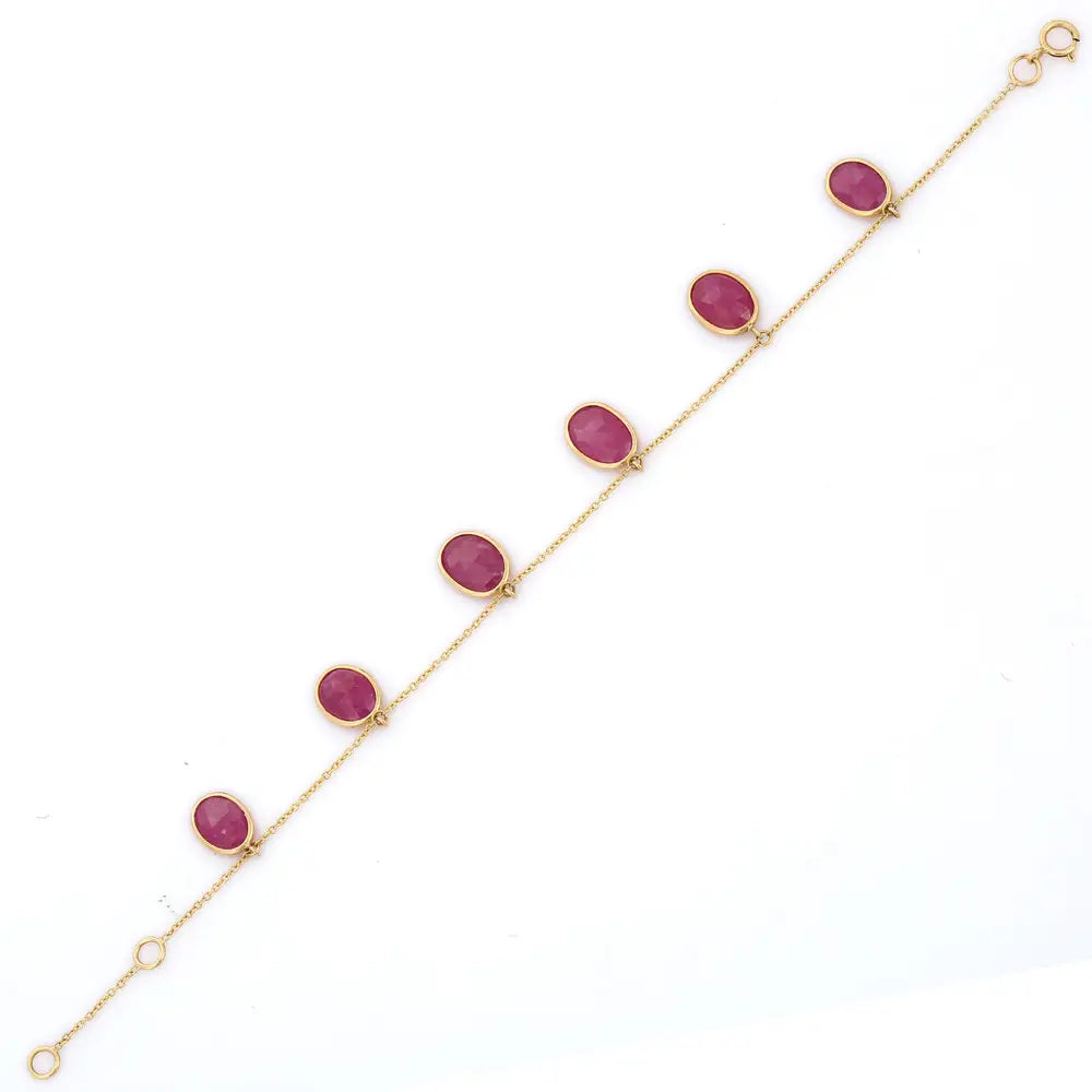 Handmade Jewelry Natural Ruby Gemstone 18K Solid Yellow Gold Long Chain Bracelet