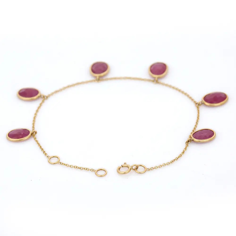 Handmade Jewelry Natural Ruby Gemstone 18K Solid Yellow Gold Long Chain Bracelet