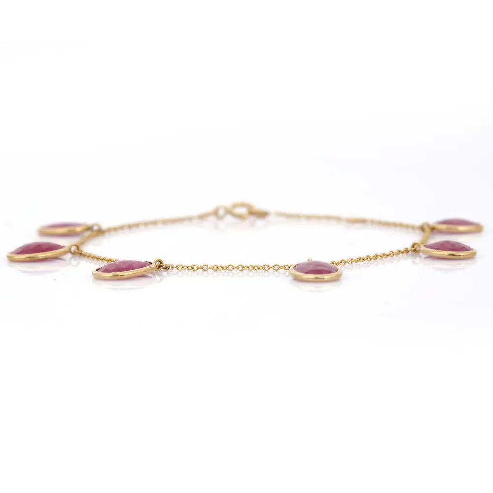 Handmade Jewelry Natural Ruby Gemstone 18K Solid Yellow Gold Long Chain Bracelet