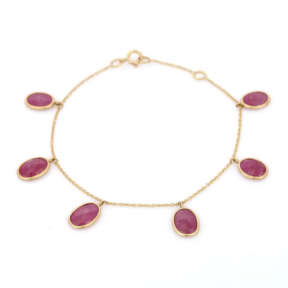 Handmade Jewelry Natural Ruby Gemstone 18K Solid Yellow Gold Long Chain Bracelet