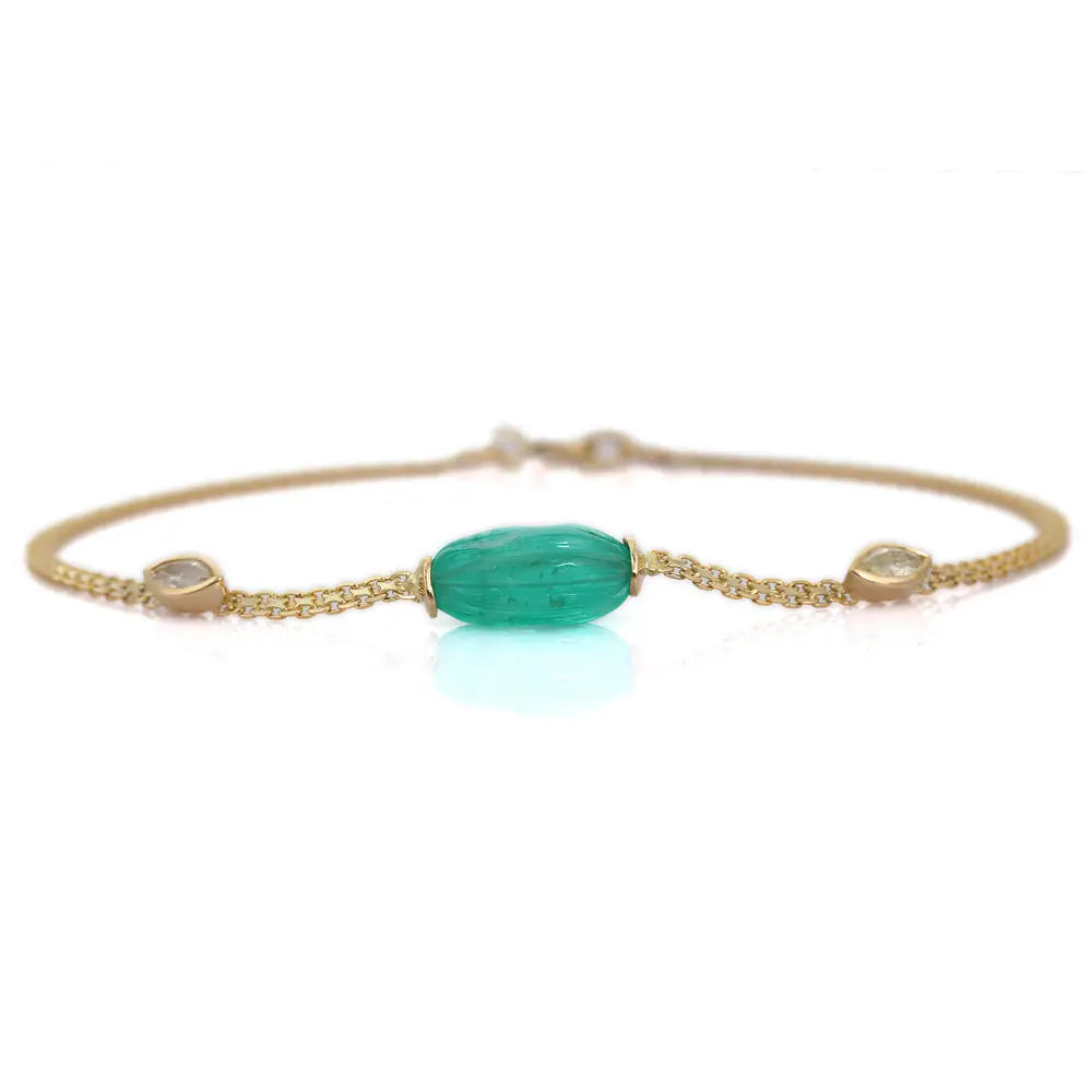 Trending Jewelry Natural Tumble Shape Emerald 18K Solid Yellow Gold Bracelet