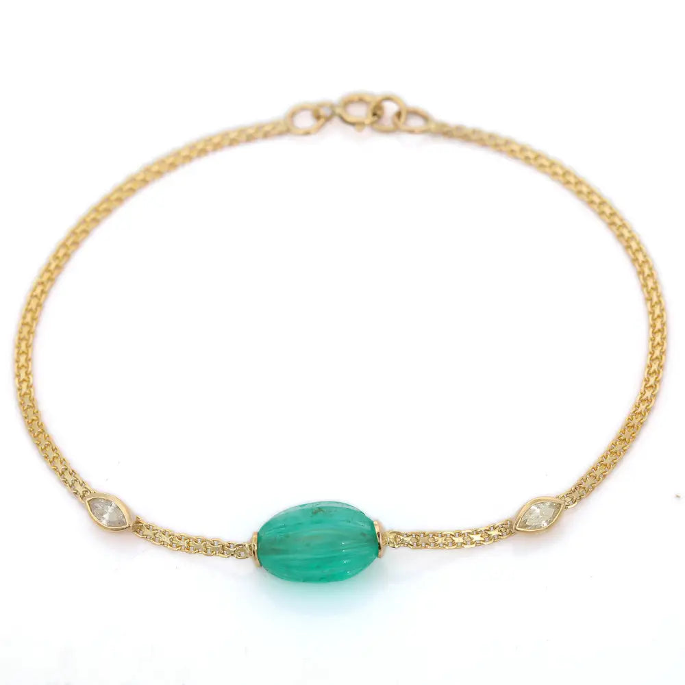 Trending Jewelry Natural Tumble Shape Emerald 18K Solid Yellow Gold Bracelet