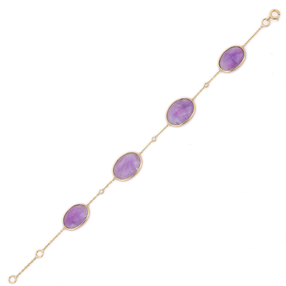 Trending Jewelry Genuine Amethyst & Diamond 18K Fine Yellow Gold Adjustable Bracelet