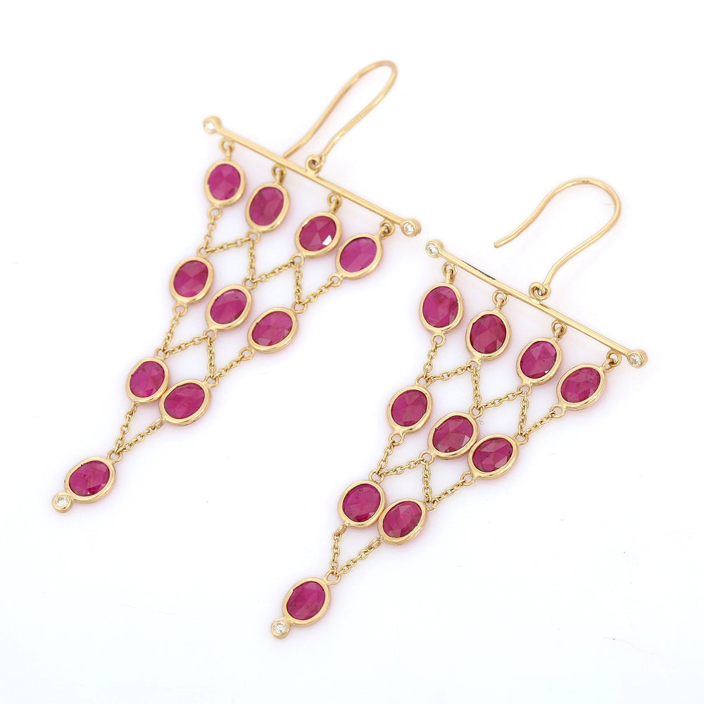 Handcrafted Real Genuine Ruby & Diamond 18K Fine Yellow Gold Dangle Earring