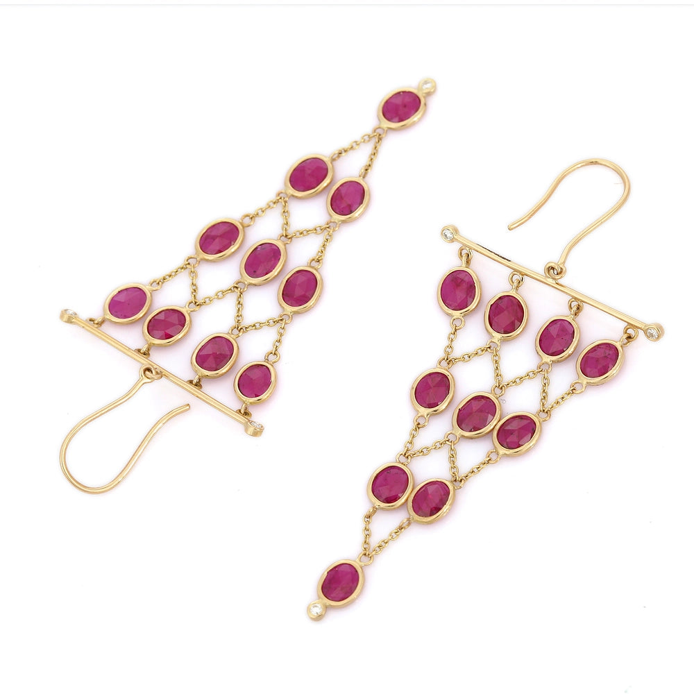 Handcrafted Real Genuine Ruby & Diamond 18K Fine Yellow Gold Dangle Earring