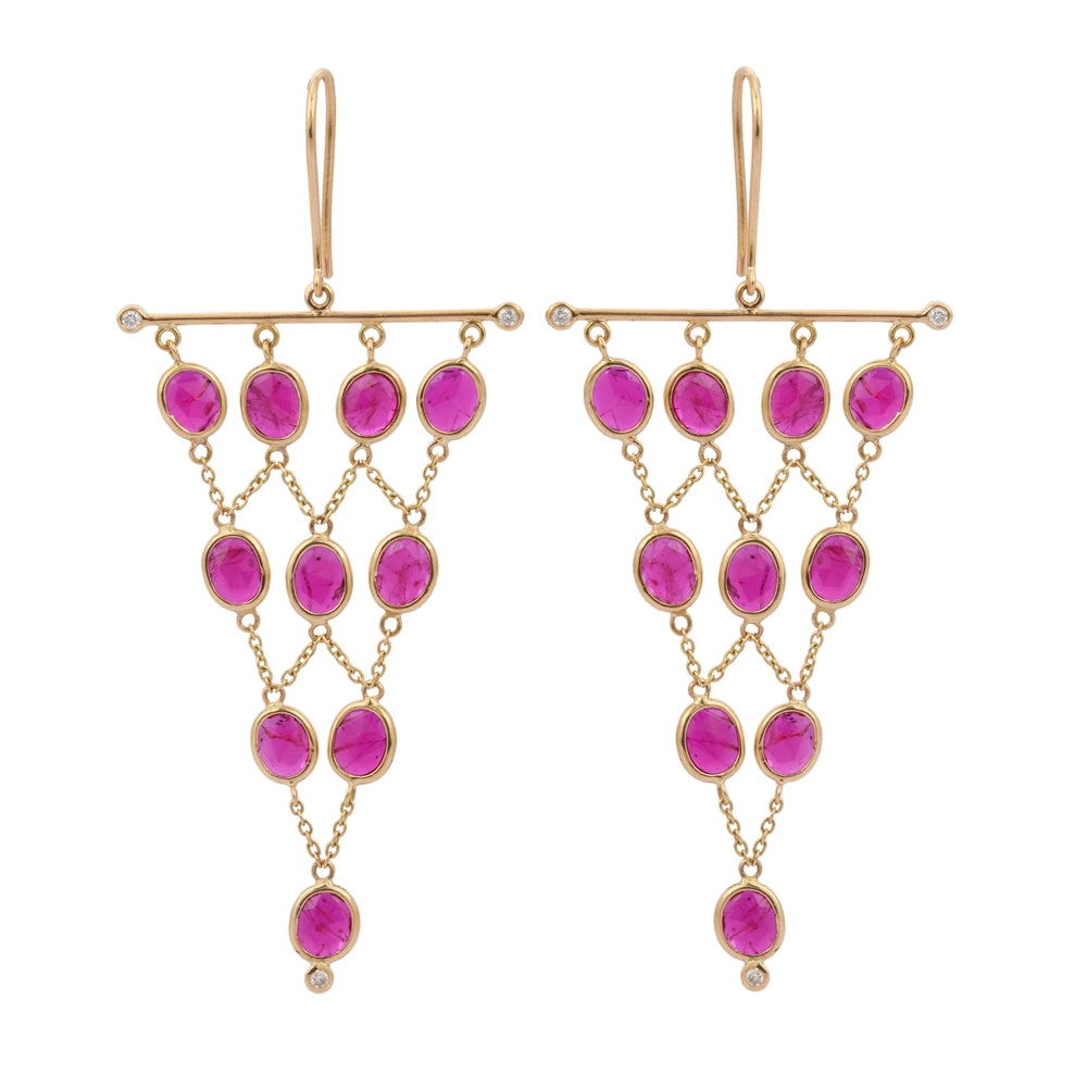 Handcrafted Real Genuine Ruby & Diamond 18K Fine Yellow Gold Dangle Earring