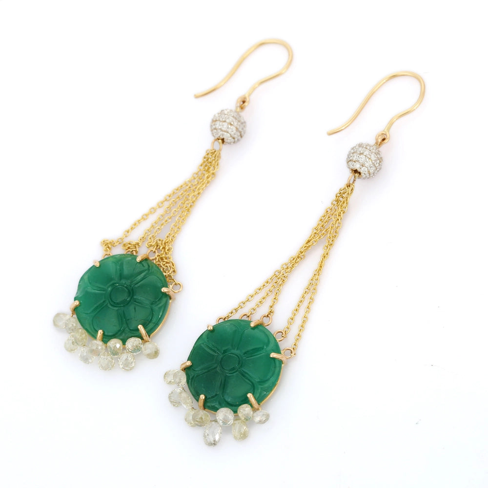 Handcrafted Real Emerald & Diamond 18K Solid Yellow Gold Dangle Earring