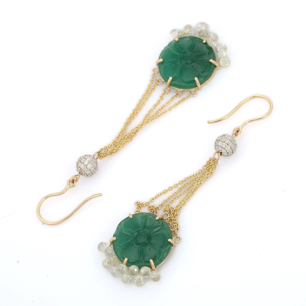 Handcrafted Real Emerald & Diamond 18K Solid Yellow Gold Dangle Earring