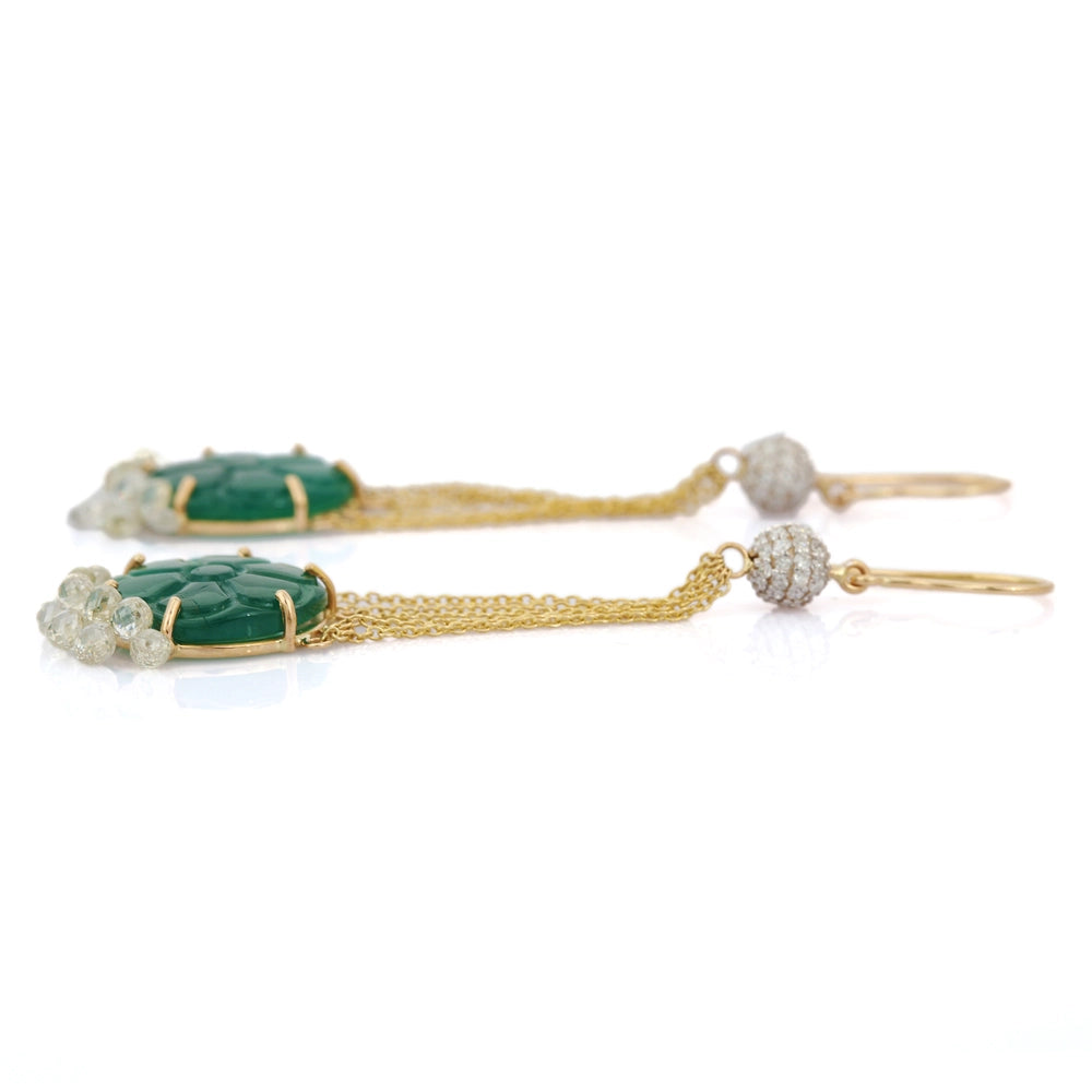 Handcrafted Real Emerald & Diamond 18K Solid Yellow Gold Dangle Earring