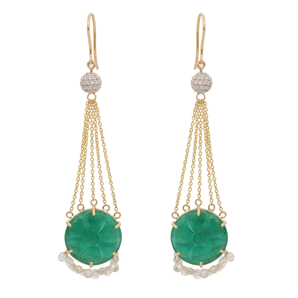 Handcrafted Real Emerald & Diamond 18K Solid Yellow Gold Dangle Earring