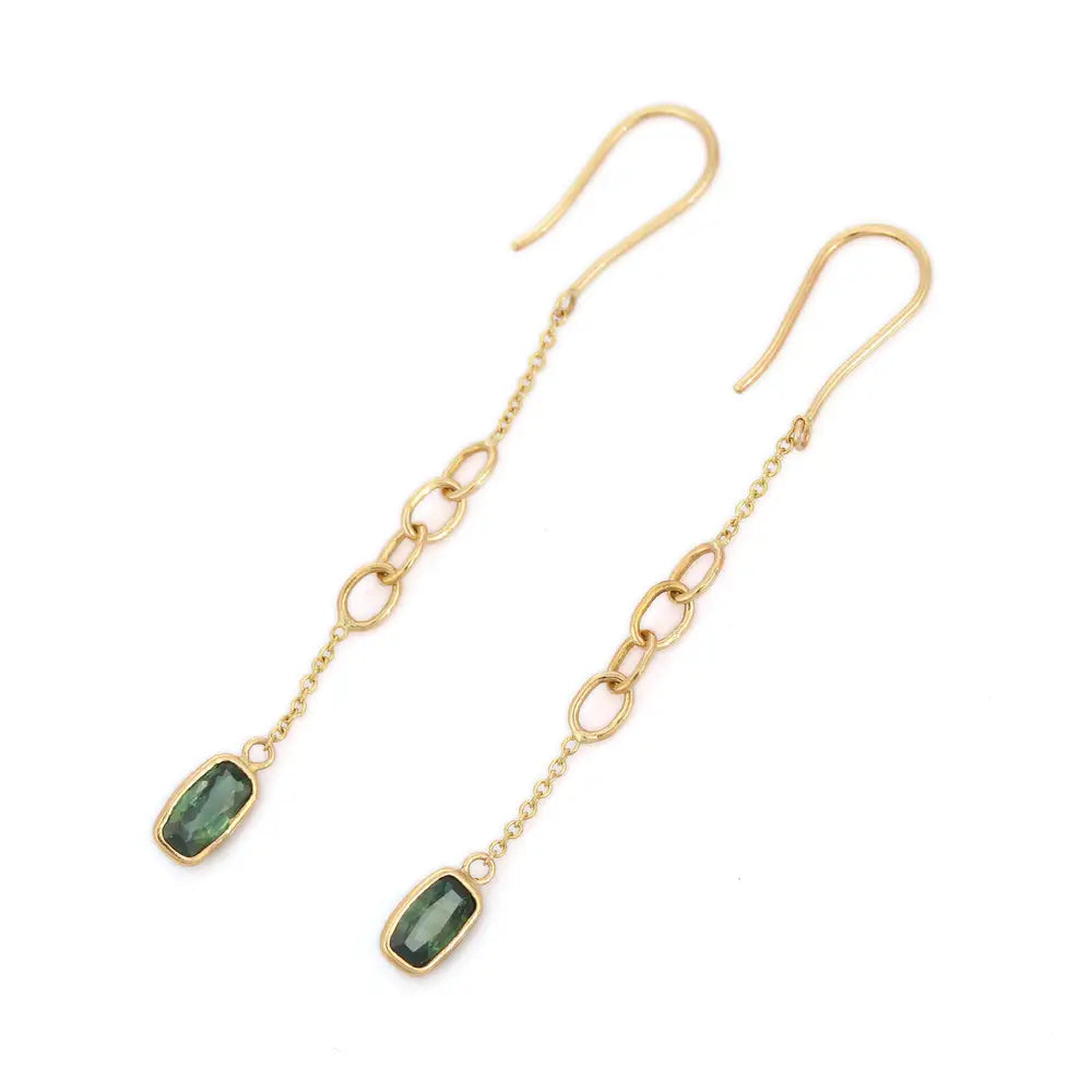 Custom Jewelry Fine 18K Yellow Gold Natural Green Sapphire Shoulder Duster Earrings