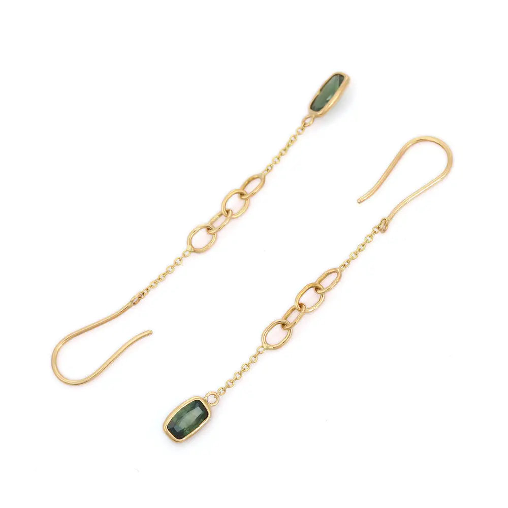 Custom Jewelry Fine 18K Yellow Gold Natural Green Sapphire Shoulder Duster Earrings