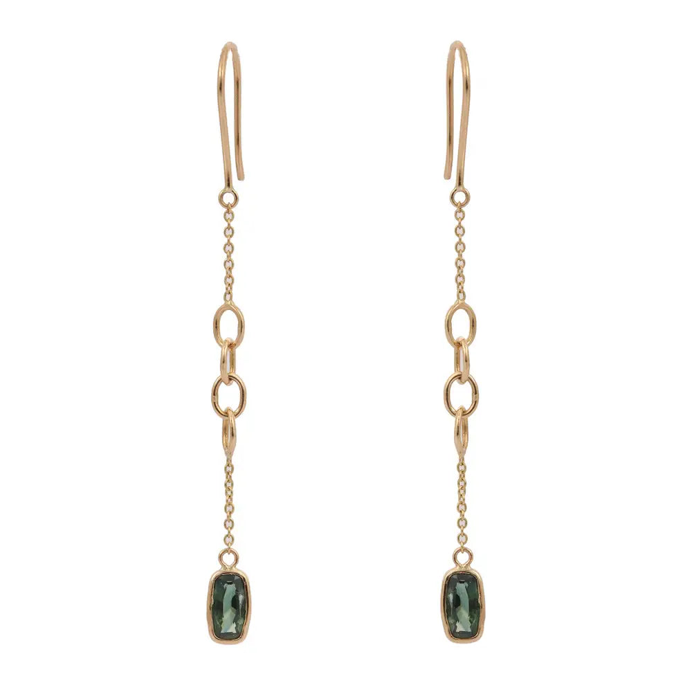 Custom Jewelry Fine 18K Yellow Gold Natural Green Sapphire Shoulder Duster Earrings