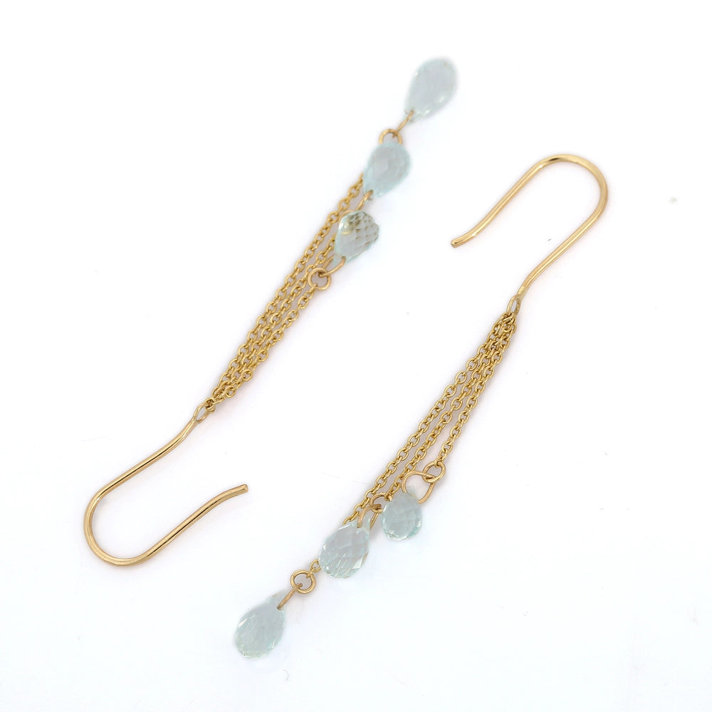 Handmade Jewelry Genuine Aquamarine 18K Solid Yellow Gold Three Drop Earring