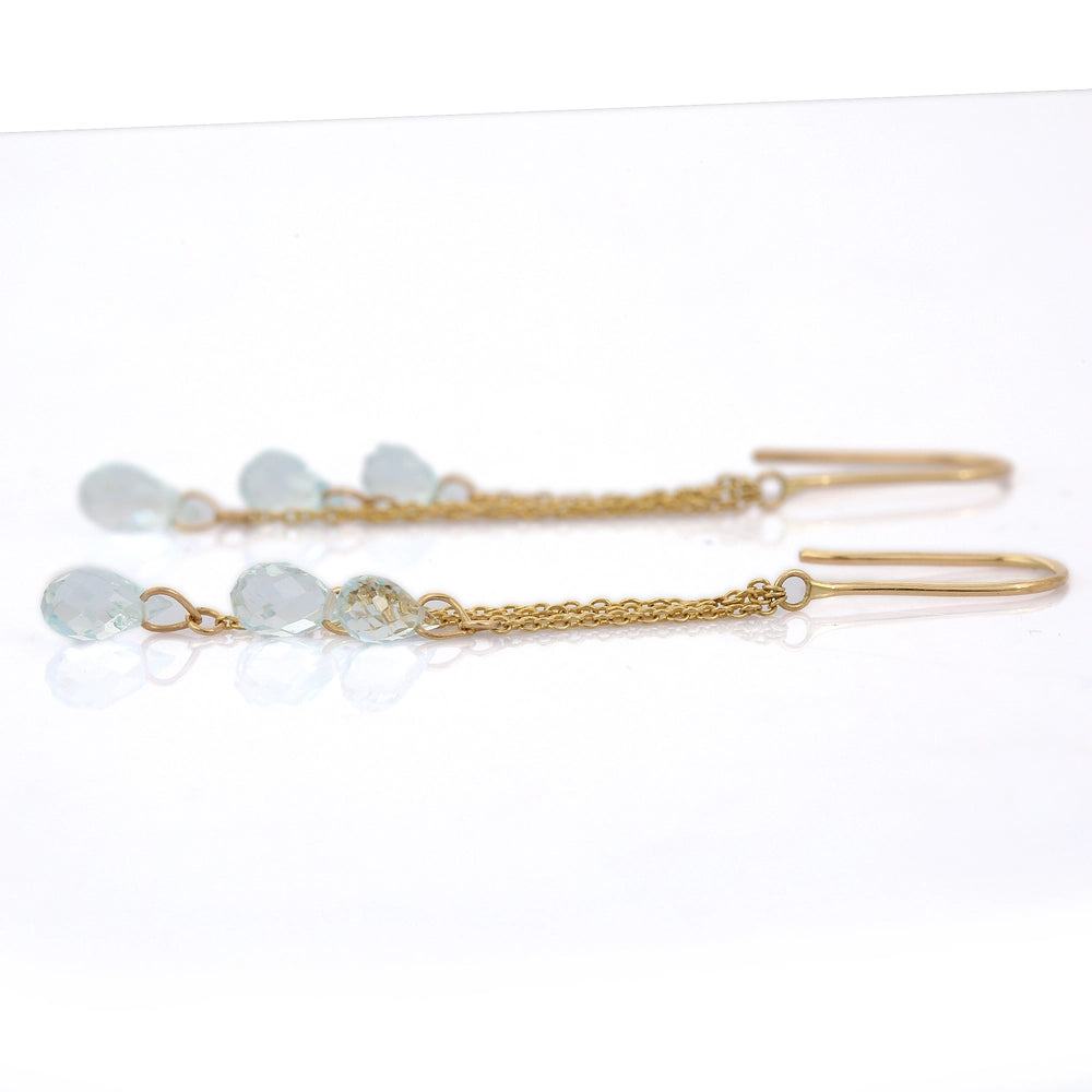 Handmade Jewelry Genuine Aquamarine 18K Solid Yellow Gold Three Drop Earring