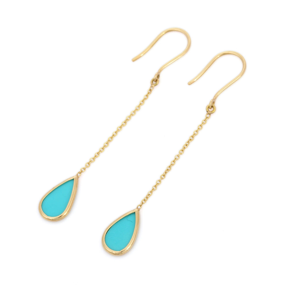 Trending Jewelry 18K Fine Yellow gold Natural Turquoise Shoulder Duster Earring