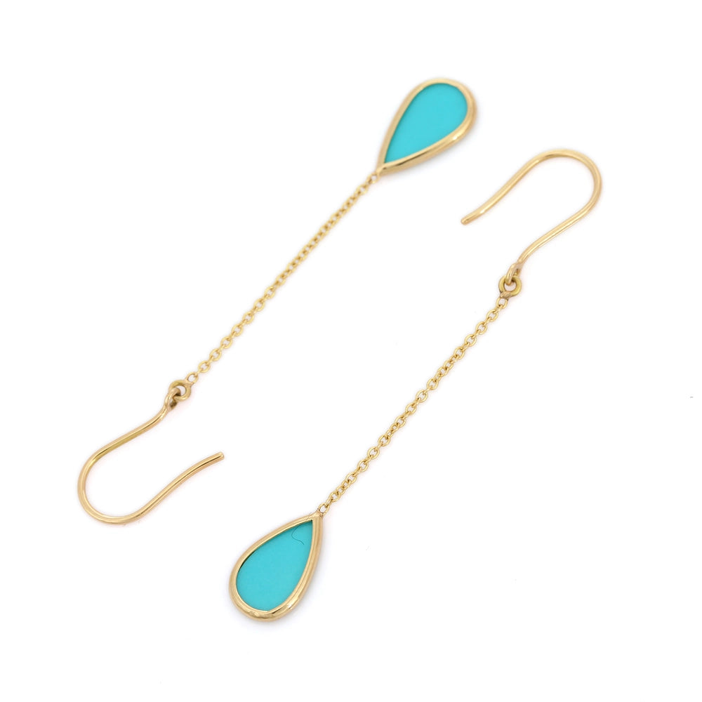 Trending Jewelry 18K Fine Yellow gold Natural Turquoise Shoulder Duster Earring