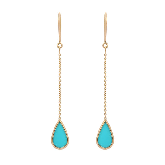 Trending Jewelry 18K Fine Yellow gold Natural Turquoise Shoulder Duster Earring