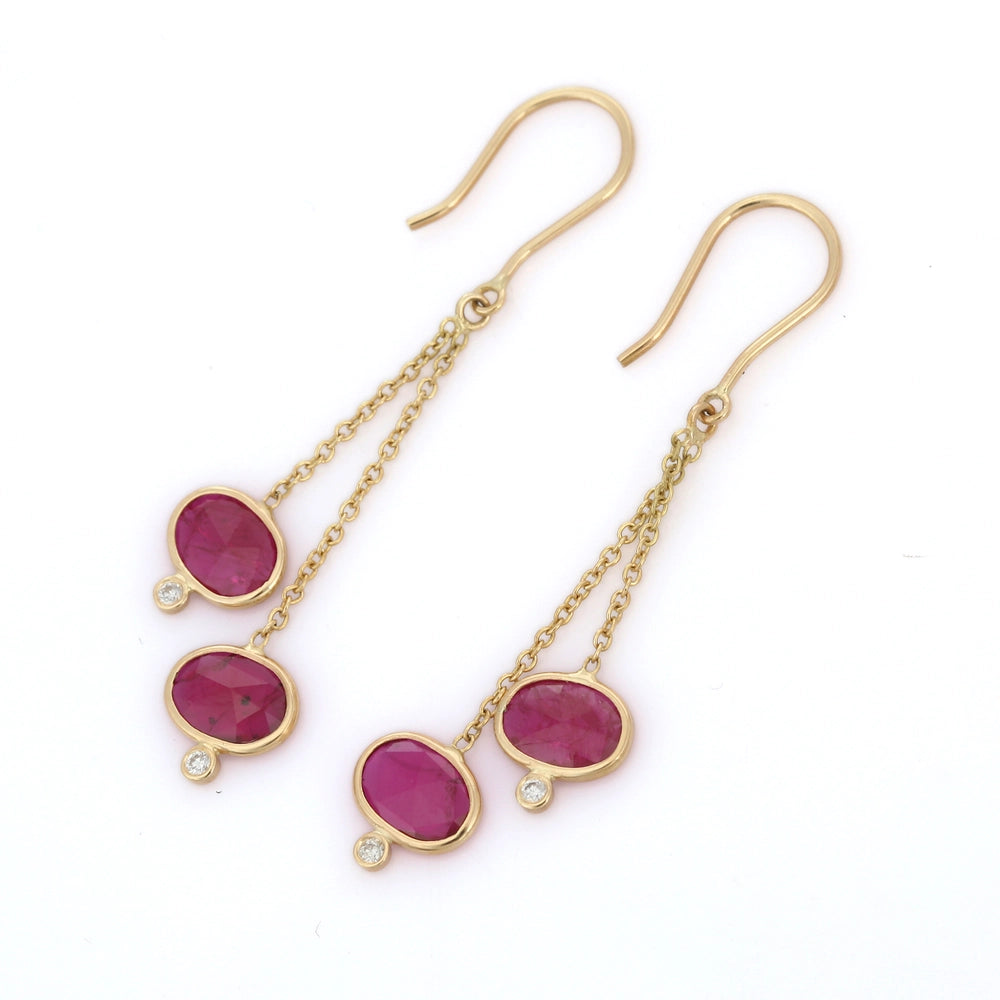 Classic & Unique Fine 18k Yellow Gold Genuine Ruby & Diamond Dangle Earrings