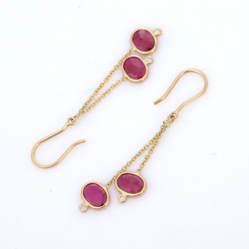 Classic & Unique Fine 18k Yellow Gold Genuine Ruby & Diamond Dangle Earrings