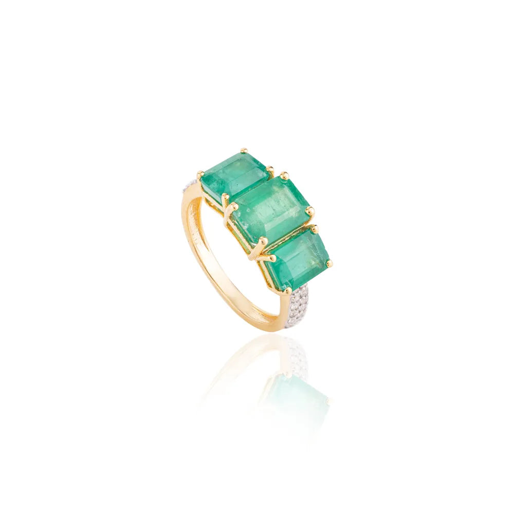 Real Gemstone Emerald & Diamond 18K Yellow Gold Wedding Ring