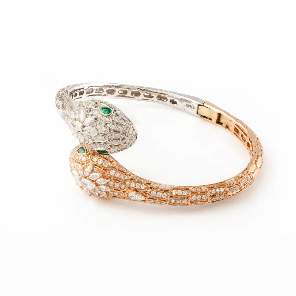 Solid 18k White & Rose Gold Emerald & Diamond Serpentine Open Bracelet