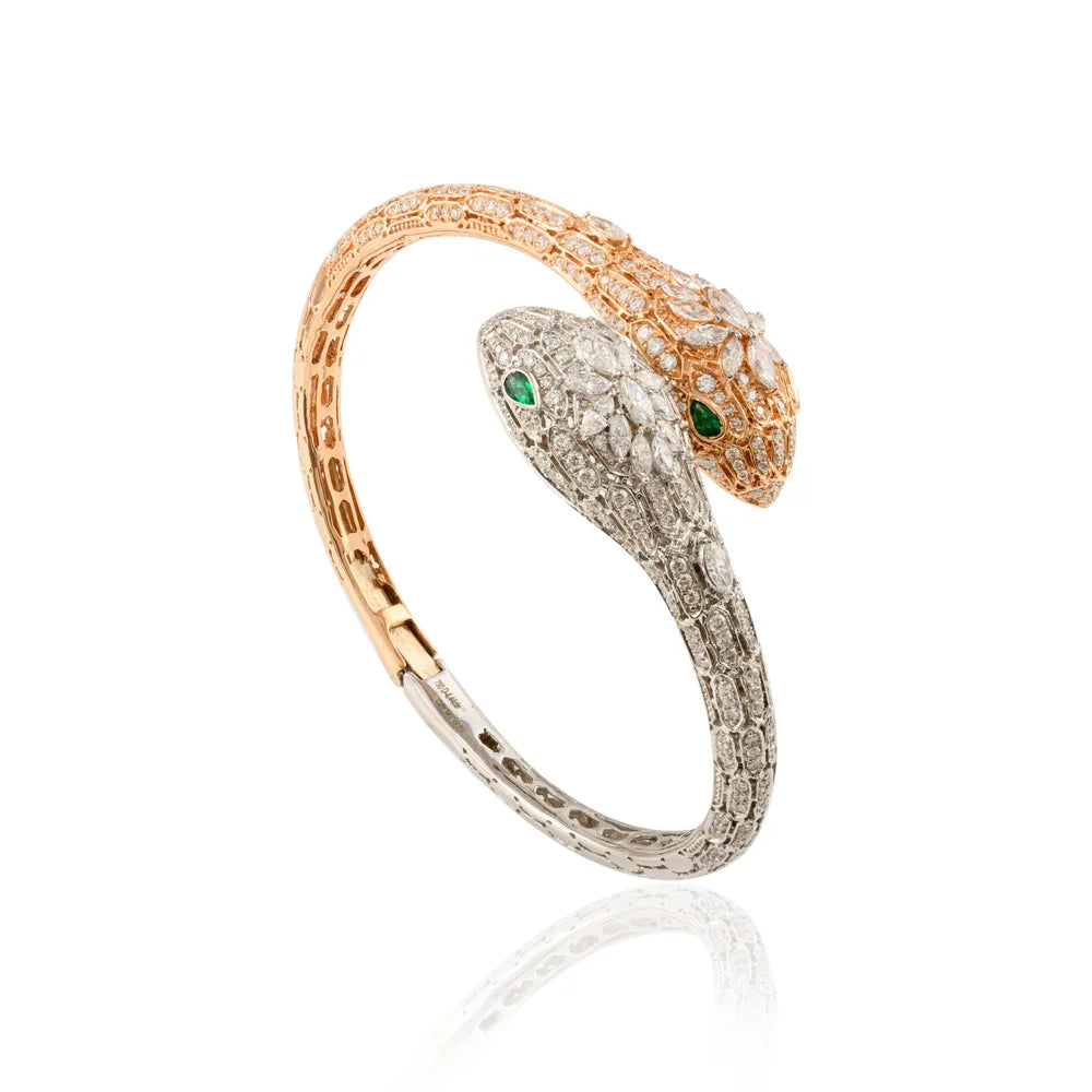 Solid 18k White & Rose Gold Emerald & Diamond Serpentine Open Bracelet