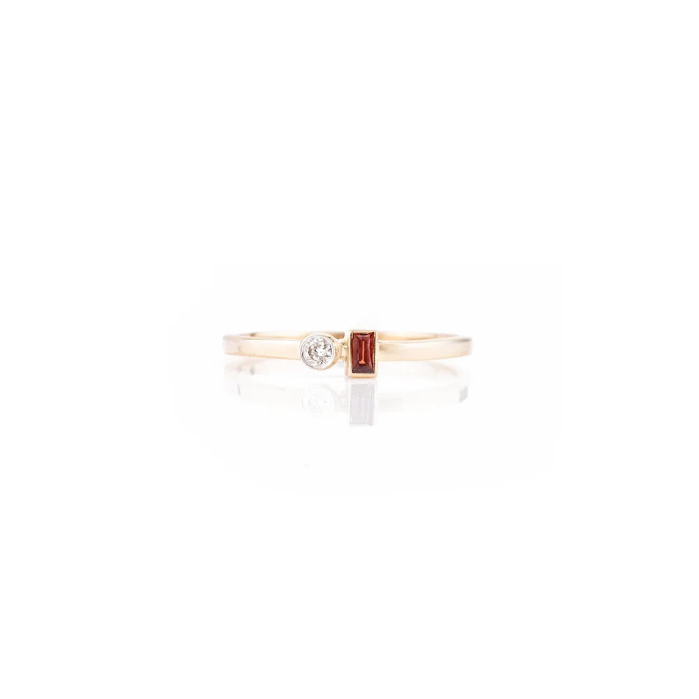 Baguette Garnet & Round Diamond 14K Solid Yellow Gold Dainty Ring