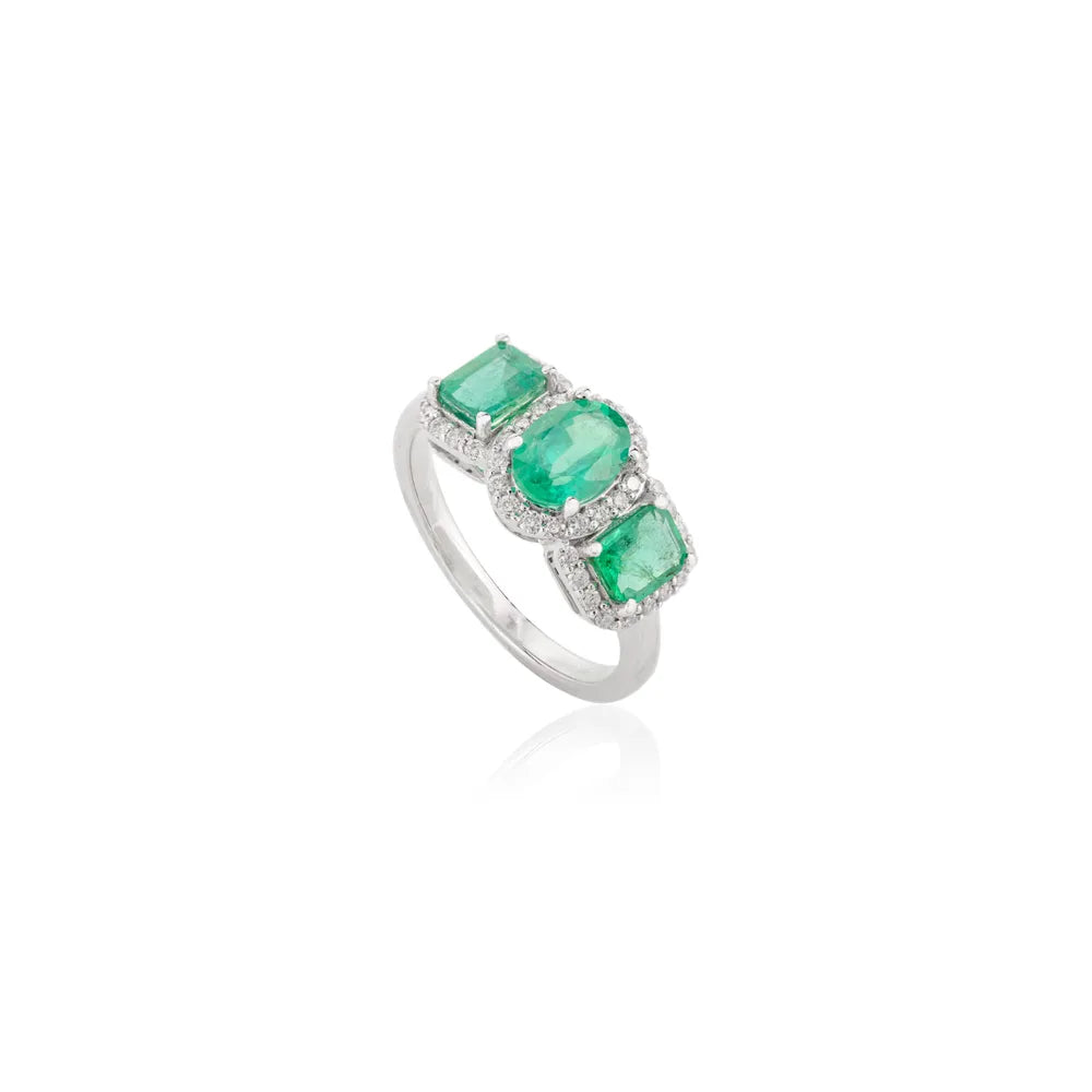 Birthstone Jewelry Emerald & Diamond Solid 14K Yellow Gold Three Stone Ring