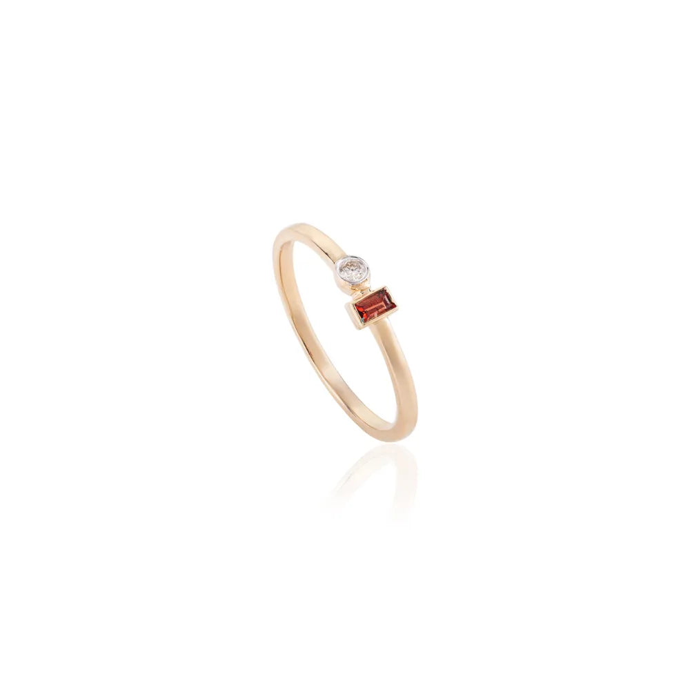 Baguette Garnet & Round Diamond 14K Solid Yellow Gold Dainty Ring