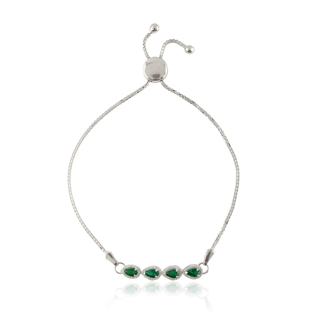 Fashionable Jewelry Natural Emerald & Diamond 18K Solid White Gold Adjustable Bracelet