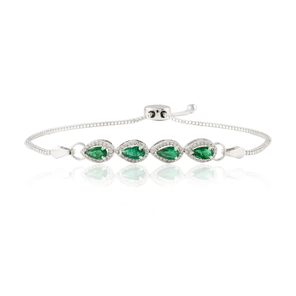 Fashionable Jewelry Natural Emerald & Diamond 18K Solid White Gold Adjustable Bracelet