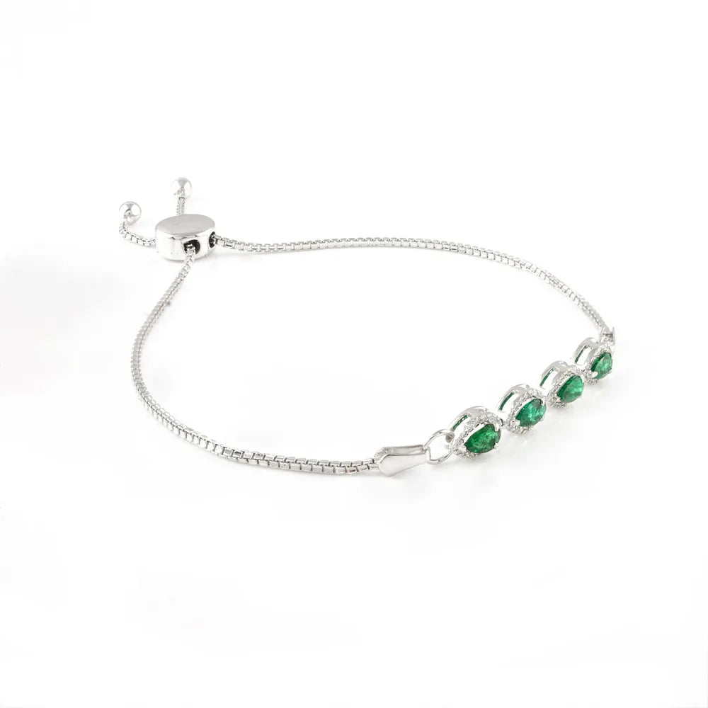 Fashionable Jewelry Natural Emerald & Diamond 18K Solid White Gold Adjustable Bracelet