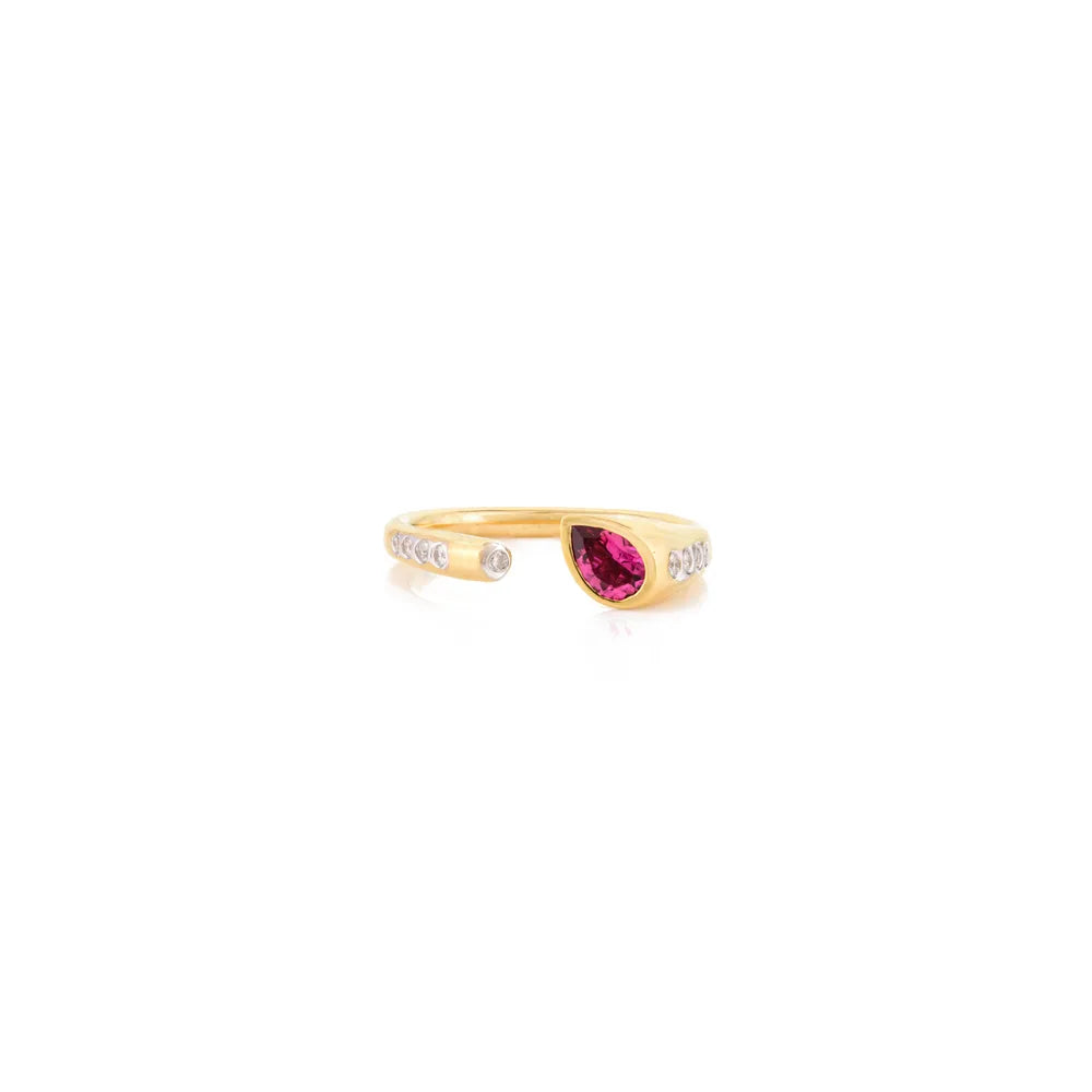 Handmade Rubellite & Diamond 14K Solid Yellow Gold Open Ring Unique Jewelry