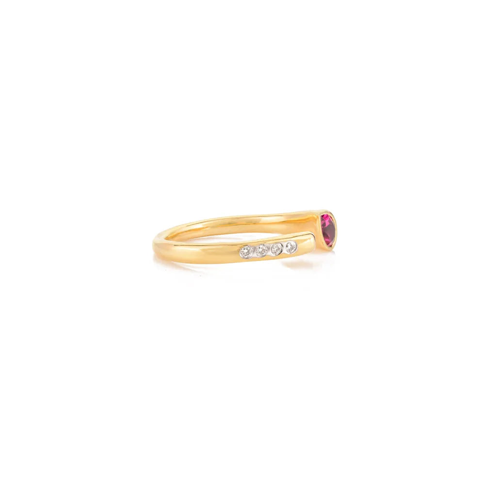 Handmade Rubellite & Diamond 14K Solid Yellow Gold Open Ring Unique Jewelry