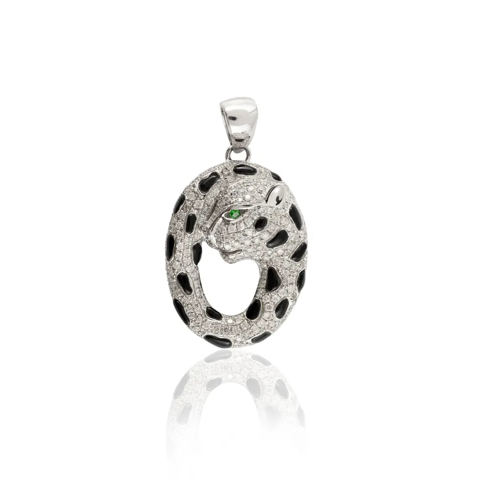 Natural Tsavorite, Onyx & Diamond Solid 14K White Gold Panther Pendant