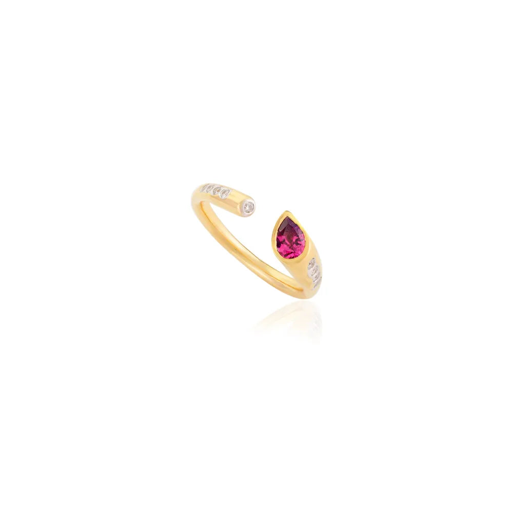 Handmade Rubellite & Diamond 14K Solid Yellow Gold Open Ring Unique Jewelry