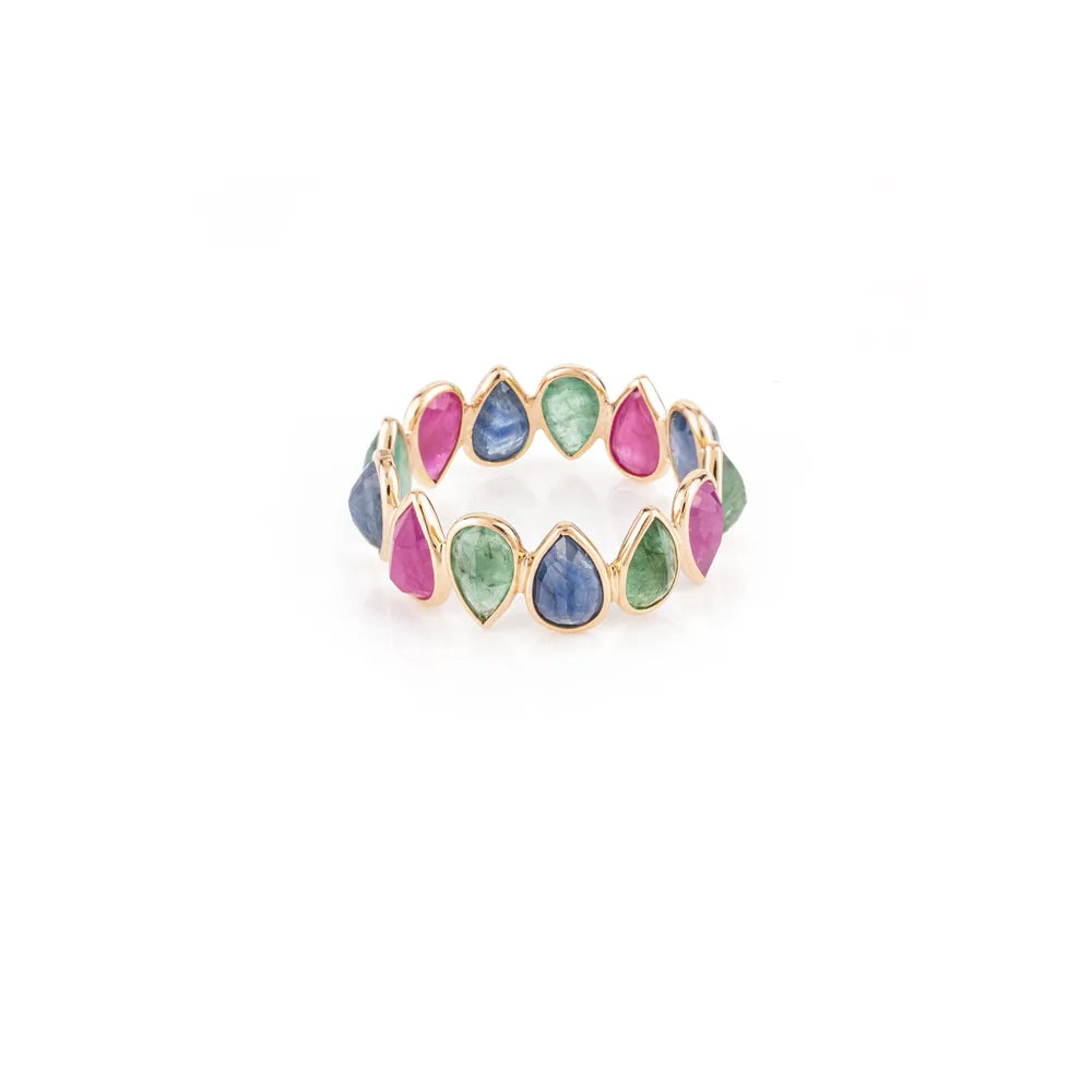 Precious Gemstone 18K Yellow Gold Emerald, Ruby, Sapphire Eternity Band Ring