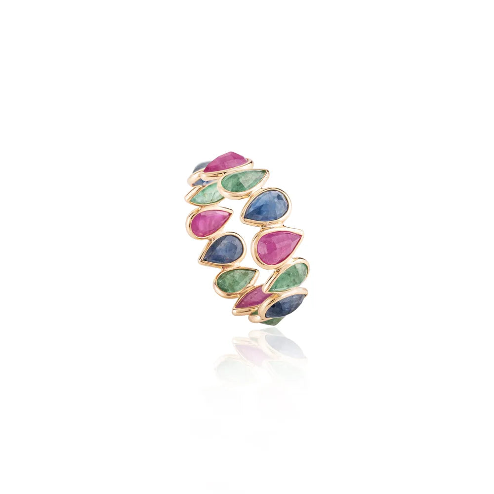 Precious Gemstone 18K Yellow Gold Emerald, Ruby, Sapphire Eternity Band Ring