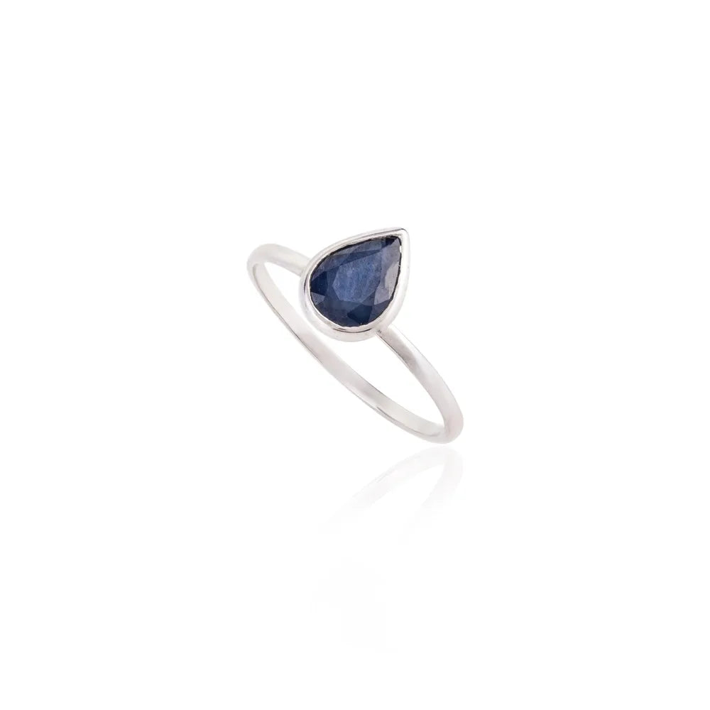 Natural Pear Shape Blue Sapphire K14 Solid White Gold Handmade Ring