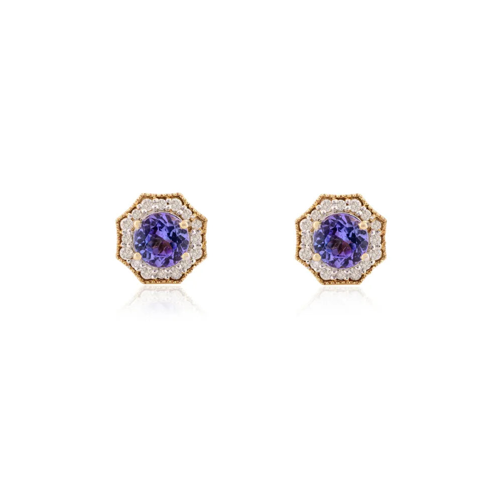 Handmade Tanzanite & Diamond Solid 14K Yellow Gold Hexagon Shape Stud Earring