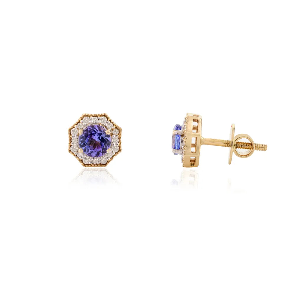 Handmade Tanzanite & Diamond Solid 14K Yellow Gold Hexagon Shape Stud Earring