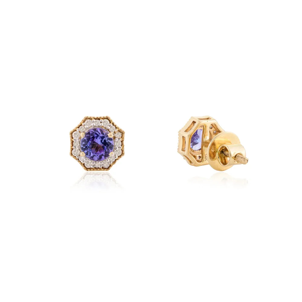 Handmade Tanzanite & Diamond Solid 14K Yellow Gold Hexagon Shape Stud Earring