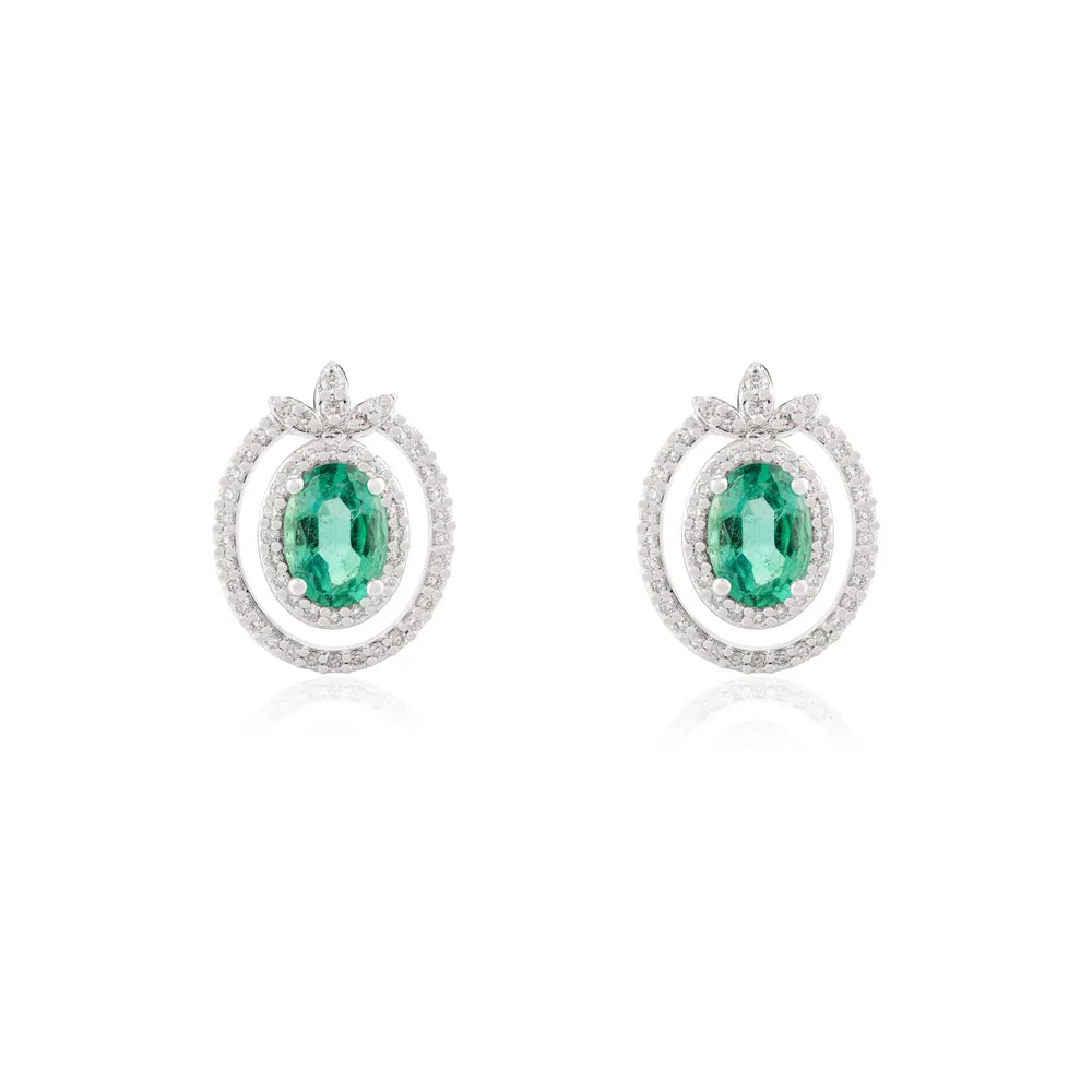 Natural Emerald & Diamond Solid K14 White Gold Stud Earrings Trending Jewelry