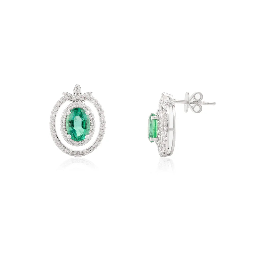 Natural Emerald & Diamond Solid K14 White Gold Stud Earrings Trending Jewelry