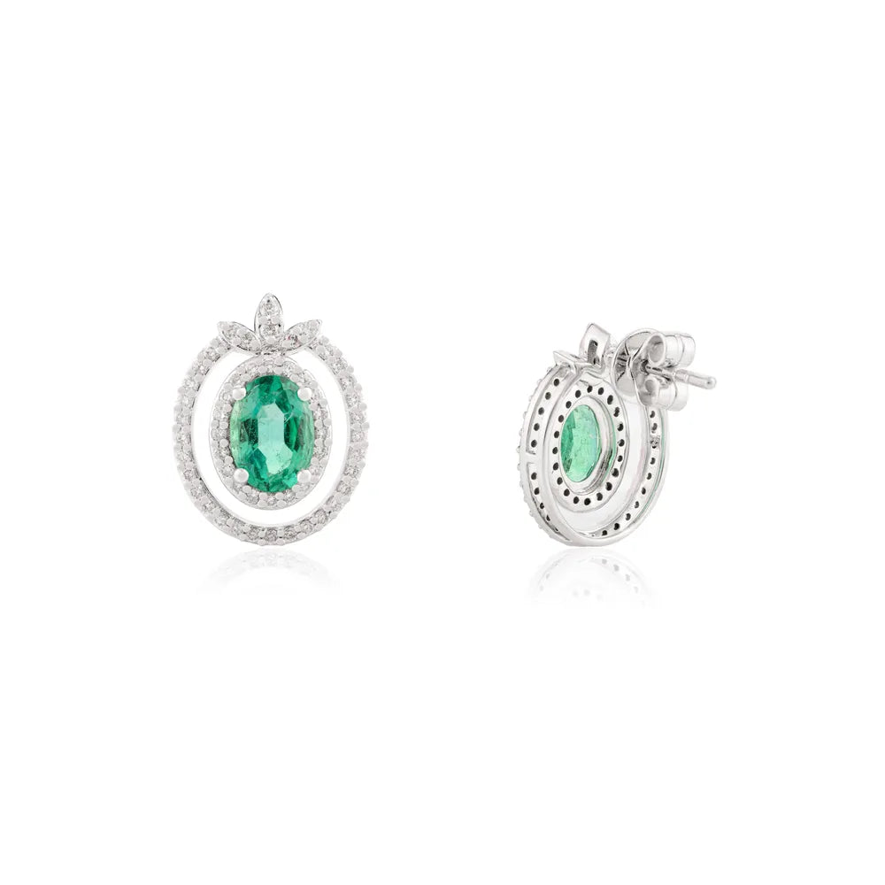 Natural Emerald & Diamond Solid K14 White Gold Stud Earrings Trending Jewelry