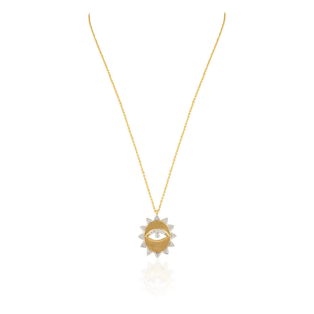 Minimal Jewelry Natural Diamond 18K Solid Yellow Gold Evil Eye Sun Pendant Necklace