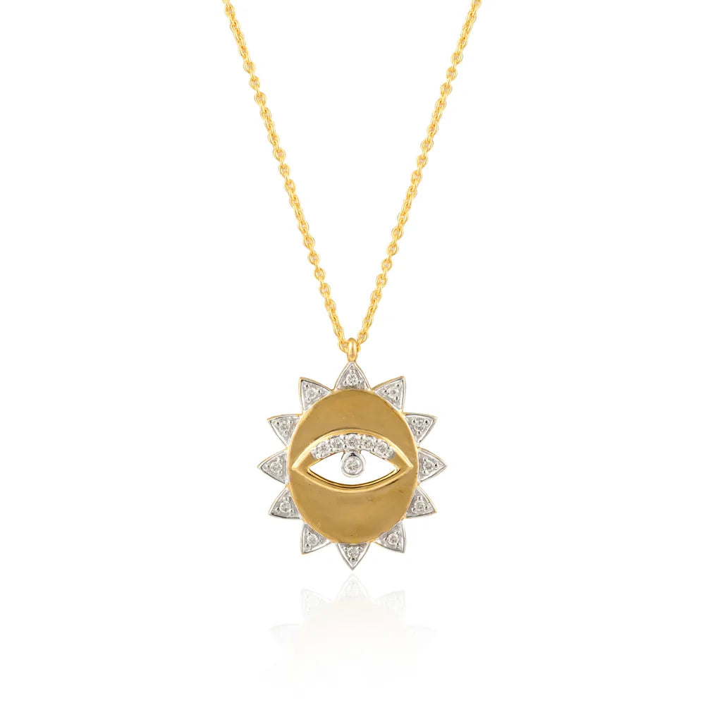 Minimal Jewelry Natural Diamond 18K Solid Yellow Gold Evil Eye Sun Pendant Necklace