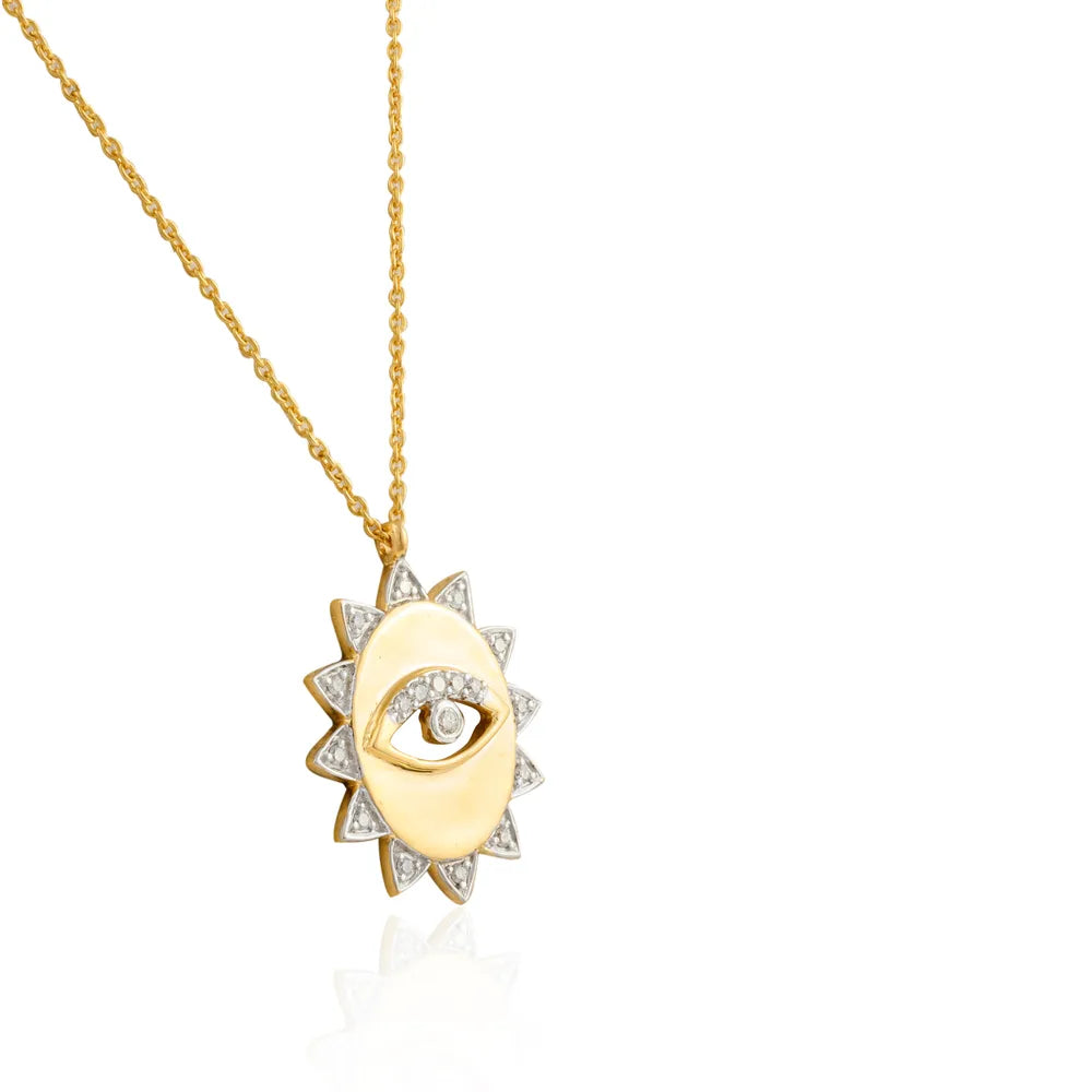 Minimal Jewelry Natural Diamond 18K Solid Yellow Gold Evil Eye Sun Pendant Necklace