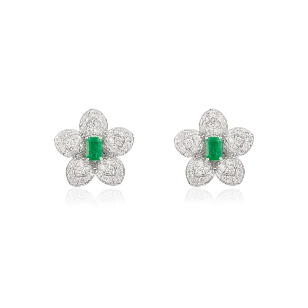 New Arrivals Octagon Emerald & Diamond 14K White Gold Flower Stud Earrings